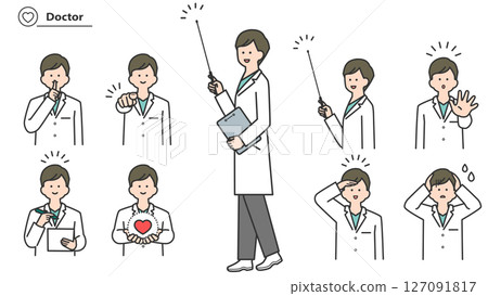 A man in a white coat, a set of facial expressions and poses 127091817