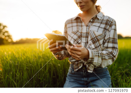 A young woman agronomist checks the growth of the crop. Concept of gardening, ecology. A young woman agronomist checks the growth of the crop. Concept of gardening, ecology. 127091970