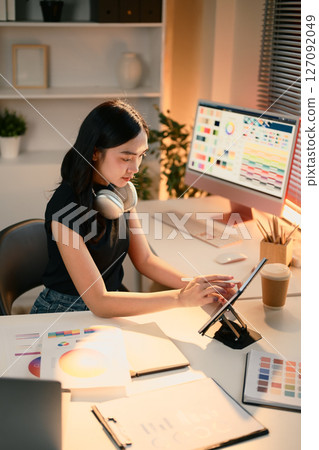 Designer woman working on branding project using digital tablet at modern creative office Designer woman working on branding project using digital tablet at modern creative office 127092049