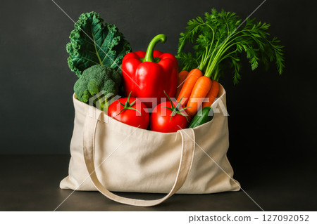 Fresh organic vegetables in eco friendly cotton bag, healthy food, vegetarian lifestyle, reusable shopping, sustainable grocery choice, clean eating, zero waste habits, modern kitchen 127092052
