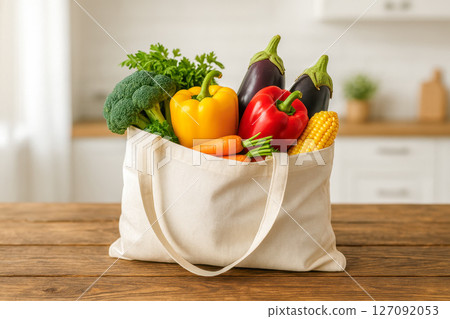 Variety of organic vegetables in cotton eco bag, home grocery, healthy living, vegan food, colorful produce, wooden kitchen table, zero waste reusable bag 127092053