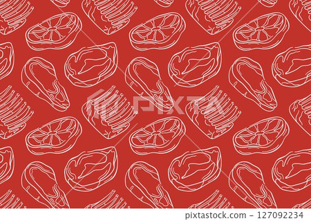 Seamless pattern with raw meat cut, steak, ribs and lamb line art style. Perfect for butcher shop packaging, kitchen wallpaper or grocery store. 127092234
