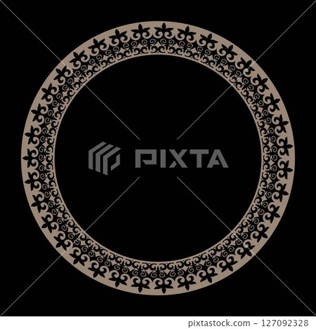 Golden round frame with Kazakh national ornament. Ethnic pattern of the peoples of the Great Steppe, Kazakh, Mongols, Kyrgyz, Kalmyks, Buryats. Circle, frame border. For sandblaster, ceramic, plate 127092328