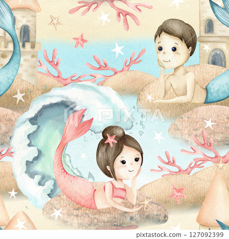 Mermaids little girl, boy lie on stone, waves and underwater castle, corals seamless pattern. Watercolor children's illustration isolated on seascape. Couple in love of kids for textile, stationery Mermaids little girl, boy lie on stone, waves and underwater castle, corals seamless pattern. Watercolor children's illustration isolated on seascape. Couple in love of kids for textile, stationery 127092399