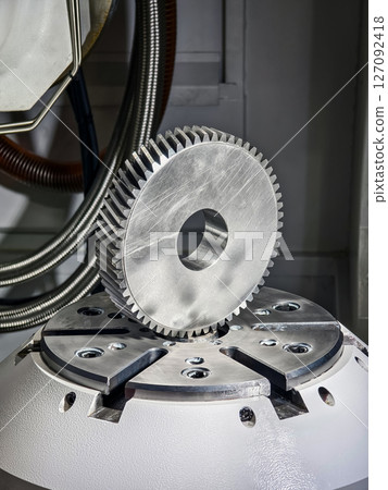 Precision metal gear placed on a machining table in a modern manufacturing facility during daylight hours Precision metal gear placed on a machining table in a modern manufacturing facility during daylight hours 127092418