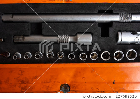 Professional work tools set for technicians in a stylish box. Professional work tools set for technicians in a stylish box. 127092529