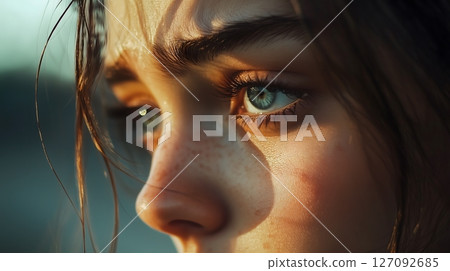 Macro Close-Up of a Young European Womans Eye with Freckles and Golden Hour Lighting 127092685