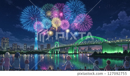 Eitai Bridge over Sumida River and night view of Sumida River 127092755