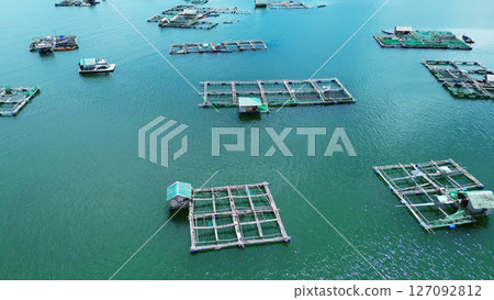Fish farm with cages for fish and shrimp Fish farm with cages for fish and shrimp 127092812