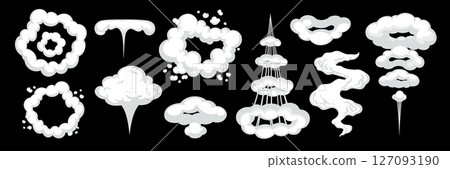 Cartoon smoke or cloud on black background. Vector Smoke rings and clouds in cartoon comic style. Great for action scenes, games, and animation 127093190