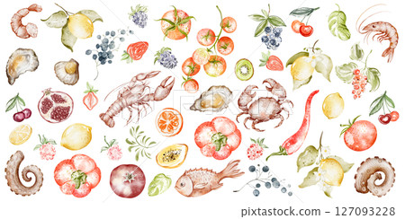Hand-drawn watercolor illustration of assorted fruits, vegetables, berries, and seafood. Drawing composition of healthy organic food elements. Ideal for menu design and culinary projects. Hand-drawn watercolor illustration of assorted fruits, vegetables, berries, and seafood. Drawing composition of healthy organic food elements. Ideal for menu design and culinary projects. 127093228