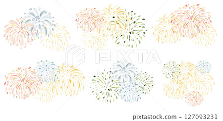 Watercolor illustration showing various fireworks and salutes. Hand-drawn style with colorful bursts and sparks. Ideal for holiday and party celebration designs. 127093231