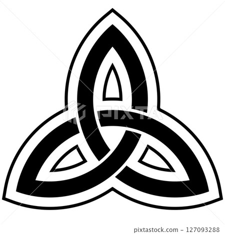 Triquetra ornament - black and white vector illustration of medieval rune, trefoil knot triangular figure composed of three interlaced arcs 127093288