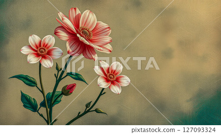 Three beautiful red flowers on canvas. Three blossoming flowers and several buds are located on the left. On the right there is free space for inscriptions. Canvas texture. 127093324