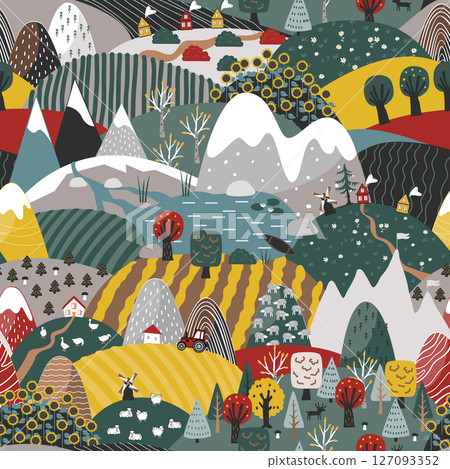 Cute seamless pattern with doodle hand drawn Scandinavian mountains and fields landscape. Creative children texture. Modern cartoon style vector illustration. 127093352