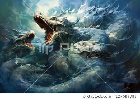 Gigantic sea serpents slithering through treacherous waters - Generative AI 127093395