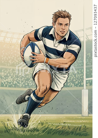 Rugby player with rugby ball in action. Cartoon vintage drawing illustration poster in retro style. 127093437