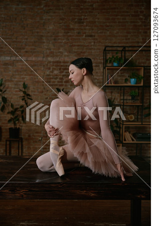 An exquisite and graceful ballet dancer is posing elegantly in a contemporary artistic setting An exquisite and graceful ballet dancer is posing elegantly in a contemporary artistic setting 127093674