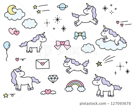 可愛的手繪獨角獸向量插圖集。馬,絲帶,心,塗鴉,夢幻 可愛的手繪獨角獸向量插圖集。馬,絲帶,心,塗鴉,夢幻 127093678