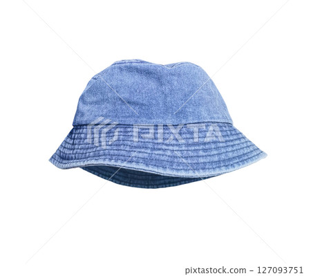 Full blue bucket hat on white background. 127093751