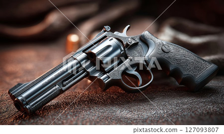 Close-up of a revolver against with soft-focus background. 127093807