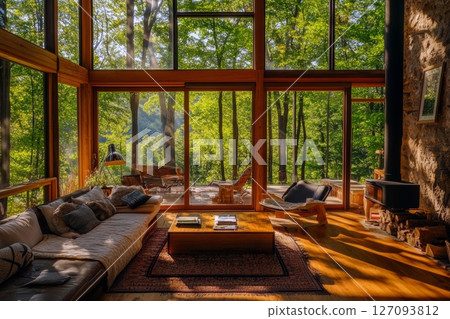 Cozy Living Room Overlooking Tranquil Forest Through Large Glass Windows. 127093812
