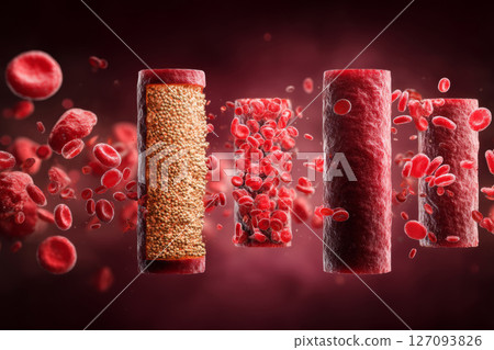 Cross-Section of Blood Vessels with Cholesterol Plaques and Healthy Blood Cells. 127093826