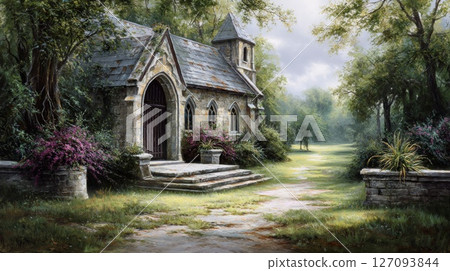 Pastoral chapel scene evoking tranquility and simplicity. 127093844