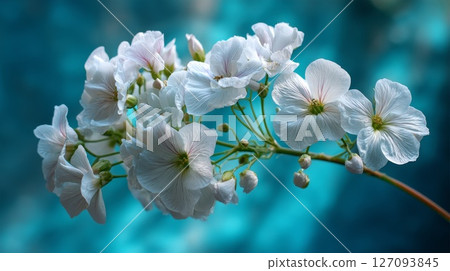 Pure white flowers on a slender stem over tranquil blue. 127093845