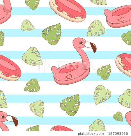 Beach Seamless pattern. Cute summer Toy inflatable pink flamingo and donut pool on white blue striped background with tropical leaves. Vector illustration. Kids collection 127093956