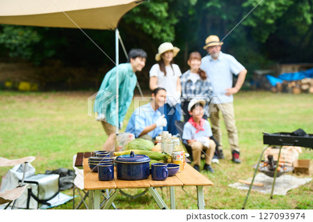 Camping image 3 generations camping outdoor barbecue BBQ family auto campsite Camping image 3 generations camping outdoor barbecue BBQ family auto campsite 127093974