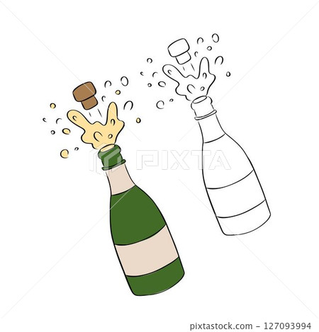 Champagne bottle explosion. Cheers. Celebration. Holiday toast. isolated on transparent background. Vector graphic line ink illustration. for package, holiday design, fabric and textile. Champagne bottle explosion. Cheers. Celebration. Holiday toast. isolated on transparent background. Vector graphic line ink illustration. for package, holiday design, fabric and textile. 127093994