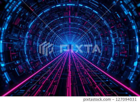 Futuristic Digital Tunnel with Neon Lights and Cyber Network Elements. 127094031