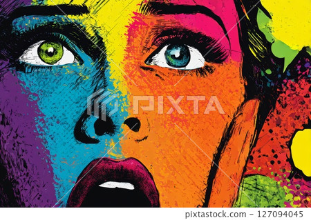 Colorful Comic Pop Art Abstract Face Design With Vibrant Accents. 127094045