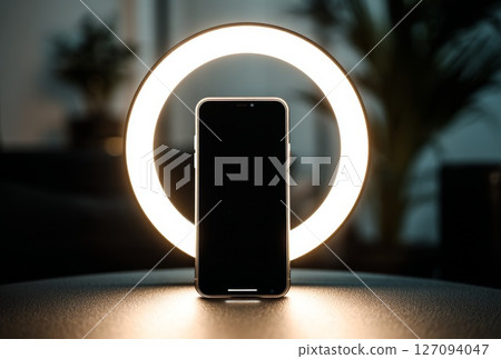 Content Creator's - Phone Framed by a Glowing Ring Light of Light. 127094047