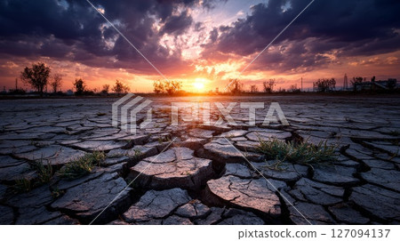 Sunset over Cracked Earth Landscape and Industry. 127094137