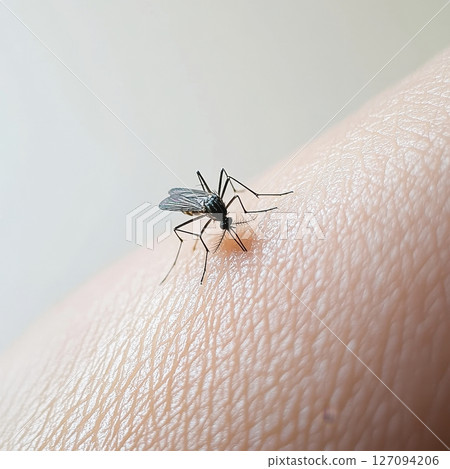 Close-up of a mosquito on human skin: insect details and texture 127094206