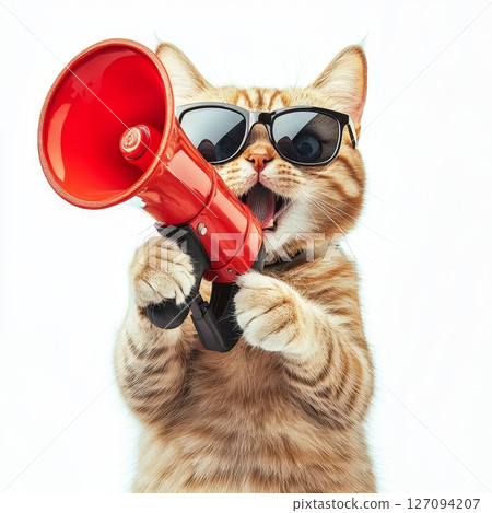 Playful cat with sunglasses using red megaphone 127094207