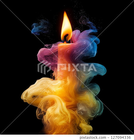 Vibrant candle with multicolored smoke against black background 127094336