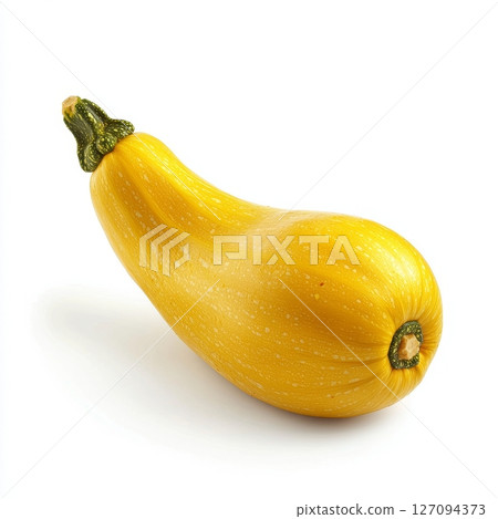 Fresh yellow squash on white background with textured surface and green stem 127094373