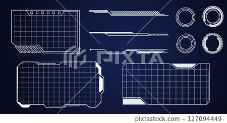 Hud frame futuristic ui frame, line abstract interface menu. Tech cyberspace border sci fi design element. Set modern board dashboard panel, gui. 127094449