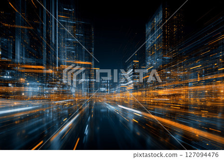 Quantum Cityscape - Light-Speed Infrastructure in Blue and Gold. Quantum Cityscape - Light-Speed Infrastructure in Blue and Gold. 127094476