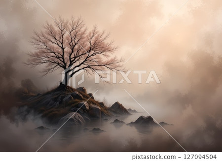 Serene Landscape Featuring a Lone Tree Amidst Misty Waters and Rocky Terrain. 127094504
