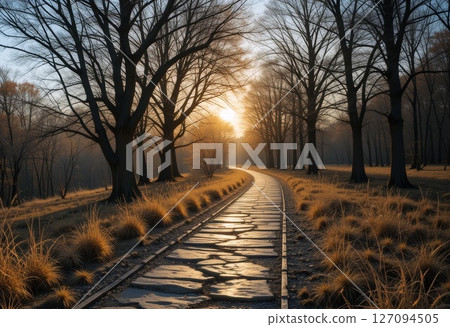 Serene Pathway Through Bare Trees Illuminated by Setting Sunlight. Serene Pathway Through Bare Trees Illuminated by Setting Sunlight. 127094505