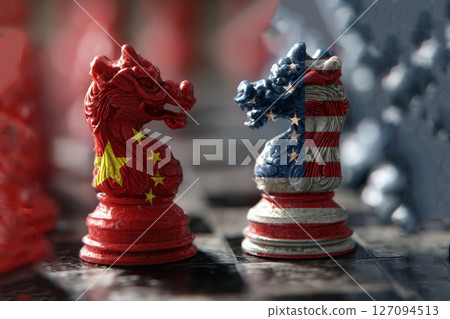 Chess Game Symbolizing USA and China Geopolitical Strategy and Competition. 127094513