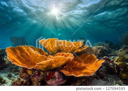 Scuba Diver Exploring Vibrant Coral Reef in Clear Tropical Ocean Waters. 127094593