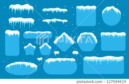 Snow Caps Vector Set. Winter Snow Borders and Frames for Logo, Text and Photo Decor. Icy Snow Drips in Various Shapes. Snow Caps Vector Set. Winter Snow Borders and Frames for Logo, Text and Photo Decor. Icy Snow Drips in Various Shapes. 127094619