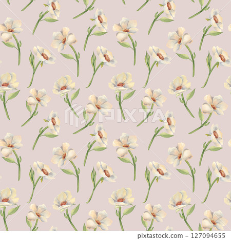 Elegant floral pattern with watercolor peonies on stems and anemones in neutral tones isolated on pink. Seamless botanical design of white poppies for packaging, fabric, textile, and wrapping paper. Elegant floral pattern with watercolor peonies on stems and anemones in neutral tones isolated on pink. Seamless botanical design of white poppies for packaging, fabric, textile, and wrapping paper. 127094655