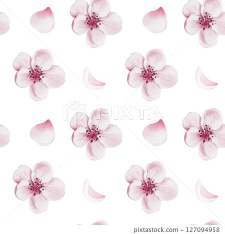 Seamless pattern with pink flowers. Cherry blossom. Watercolor illustration without background. Hand drawing. For fabric and textile. wrapping paper and templates. High quality illustration 127094958