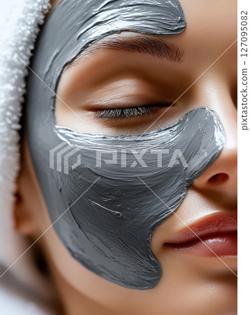 Close-up of beauty treatment with clay mask on face 127095082